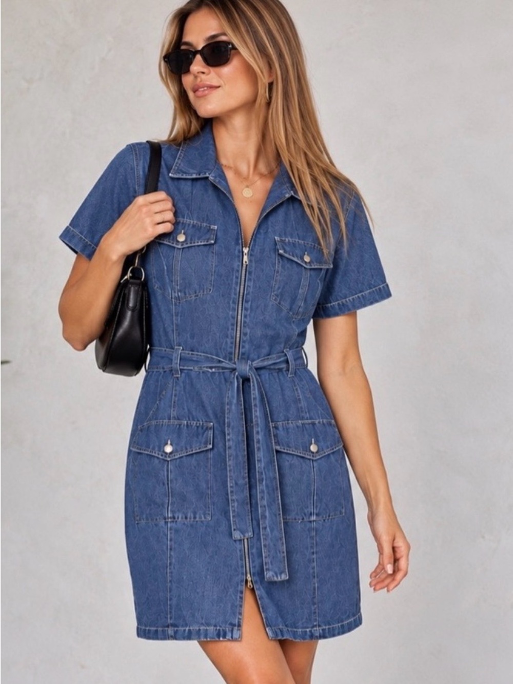 Vintage Denim Jean Dress Short Sleeve Belt Pockets 90’s Y2K size Medium